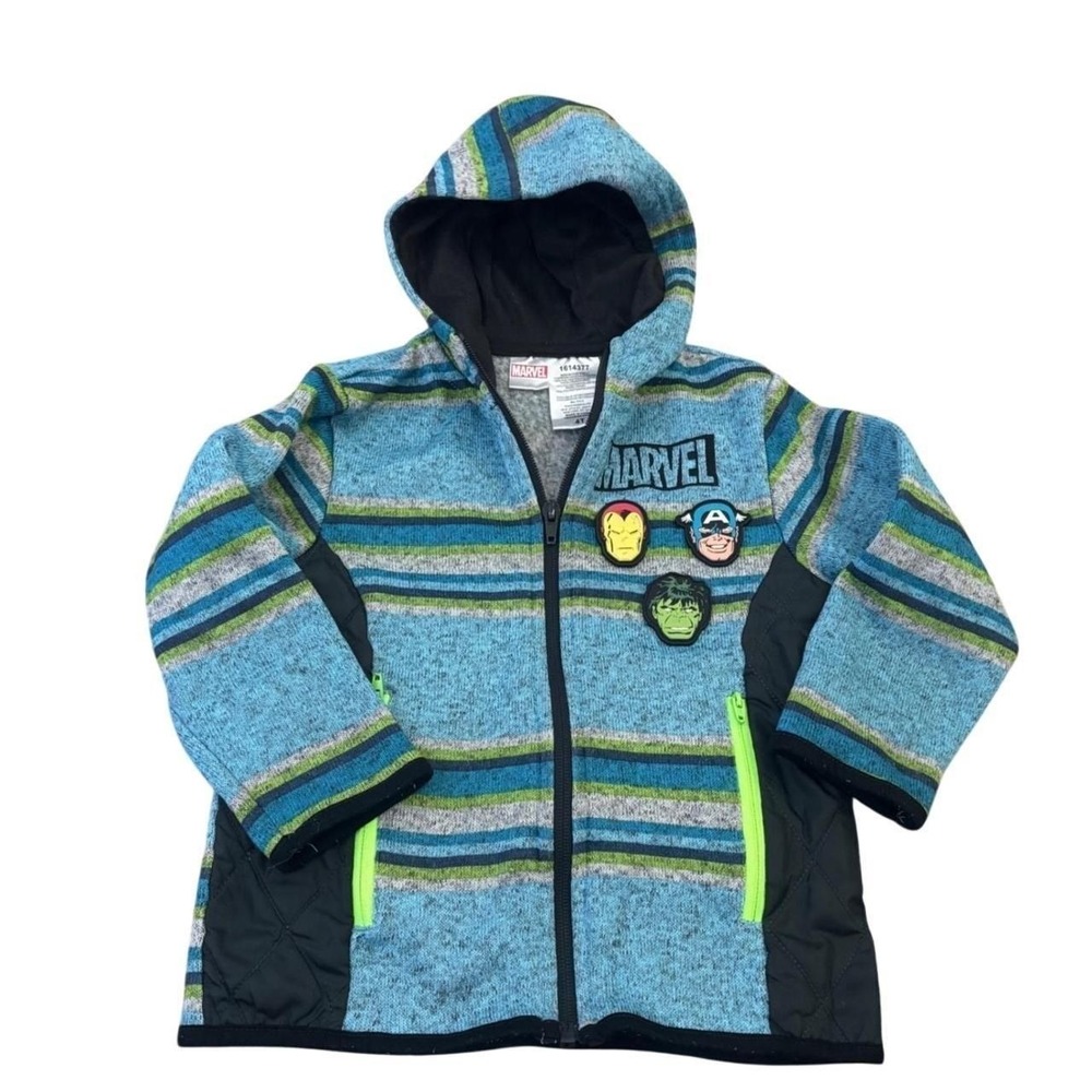 Marvel Avengers Boys Zip Up Hoodie Jacket Blue Green Striped 4T Iron Man Hulk